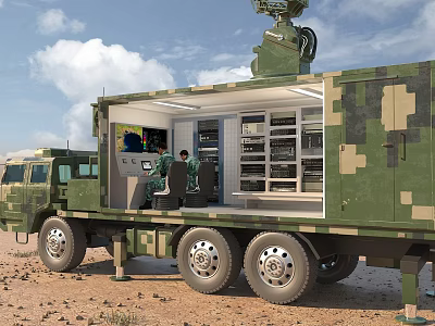 Military Green Camouflage Functional Vehicle With Open Cabin Internal Equipment And Radar Antenna 3d model