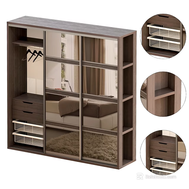 Modern Multifunctional Wooden Wardrobe With Sliding Glass Doors Drawers And Metal Shelves 3d model 