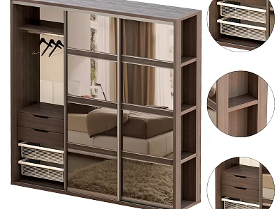 Modern Multifunctional Wooden Wardrobe With Sliding Glass Doors Drawers And Metal Shelves 3d model