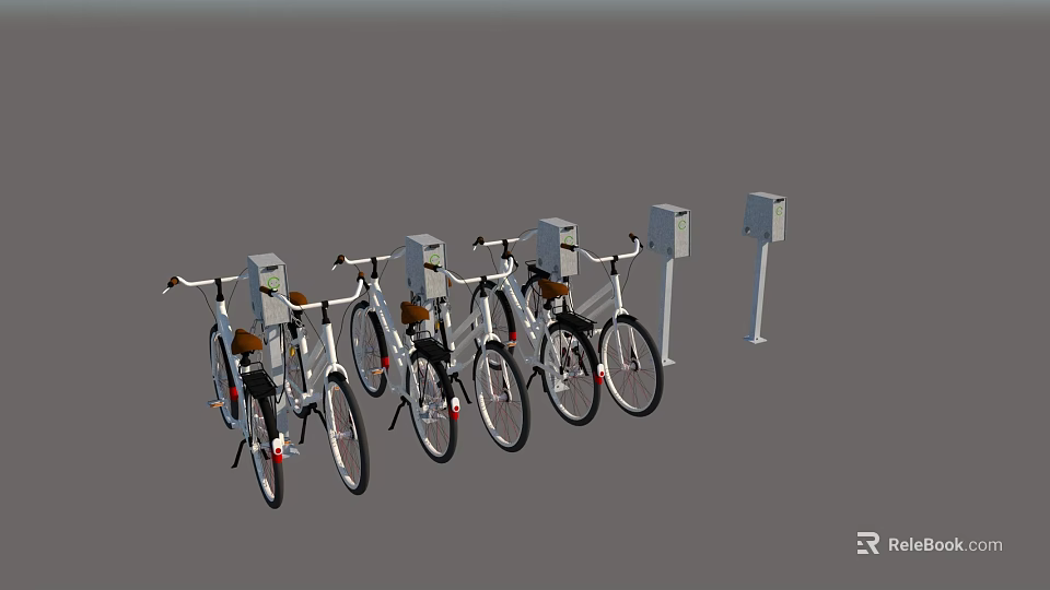 Row of Modern Bicycles Parked at Urban Docking Stations with Charging Ports 3d model 