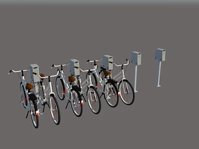 Row of Modern Bicycles Parked at Urban Docking Stations with Charging Ports 3d model