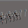 Row of Modern Bicycles Parked at Urban Docking Stations with Charging Ports