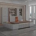 High End Modern Executive Office Desk With Leather Chair And Matching Illuminated Background Storage Cabinet