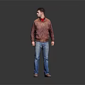 Man Wearing Red Jacket and Blue Jeans Standing Against Gray Background