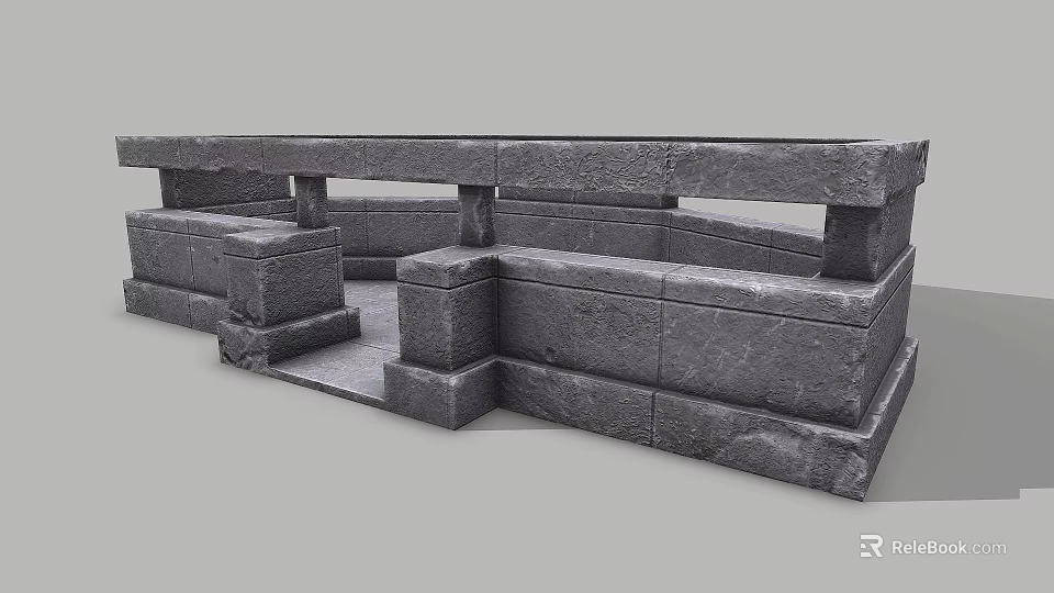 Gray Stone Railing Structure With Stacked Blocks And Connected Platform Steps 3d model 