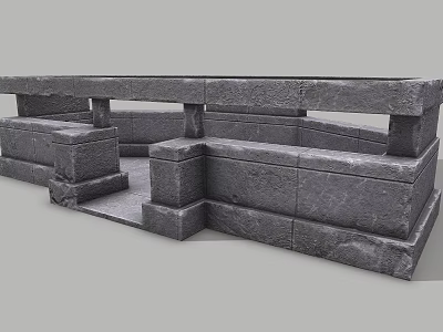 Gray Stone Railing Structure With Stacked Blocks And Connected Platform Steps 3d model