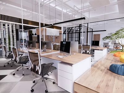 Modern Public Office Space With Ergonomic Chairs Wooden Desks Glass Partitions And Green Plants 3d model