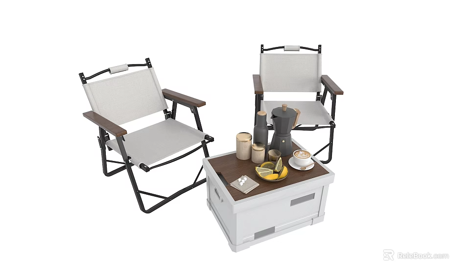 Outdoor Table with Drawers and Folding Chairs Coffee Pot Cups Banana and Tissue Box 3d model 
