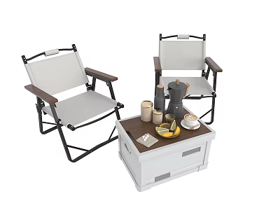 Outdoor Table with Drawers and Folding Chairs Coffee Pot Cups Banana and Tissue Box 3d model