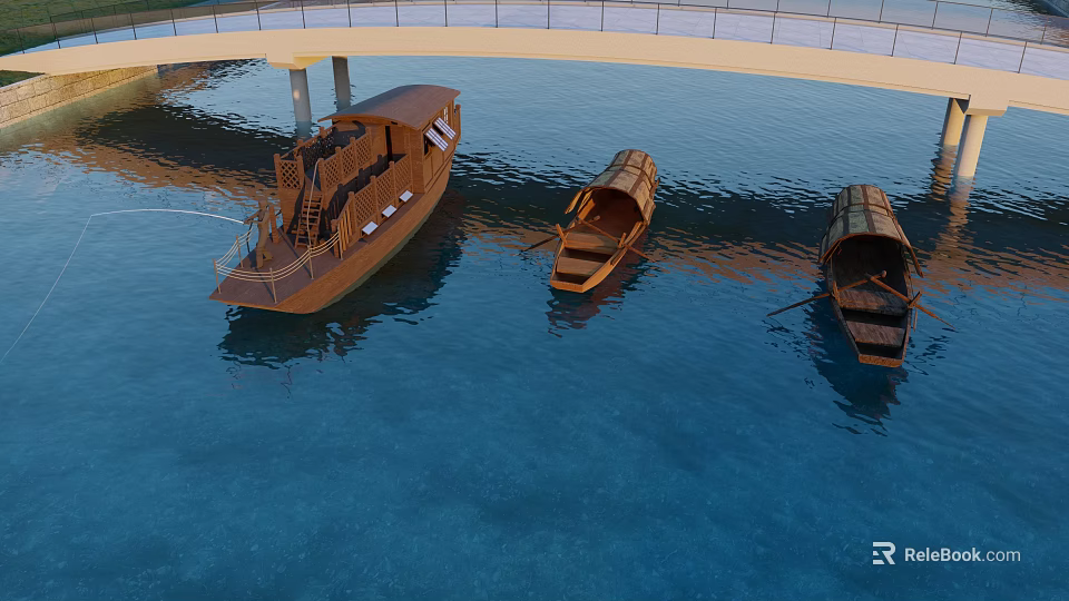 Traditional Wooden Boats Floating On Calm Blue Water Near Concrete Bridge 3d model 