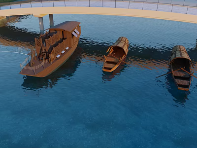 Traditional Wooden Boats Floating On Calm Blue Water Near Concrete Bridge 3d model