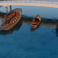 Traditional Wooden Boats Floating On Calm Blue Water Near Concrete Bridge
