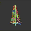 Yellow and Black Sailboat Model with Colorful Logos on Sail and Reflective Base