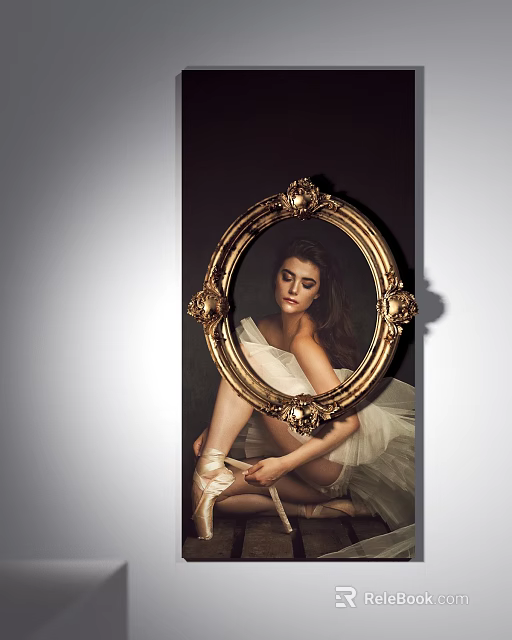 Elegant Ballerina Portrait in Golden Frame Wearing White Tutu Tying Ballet Shoes 3d model 