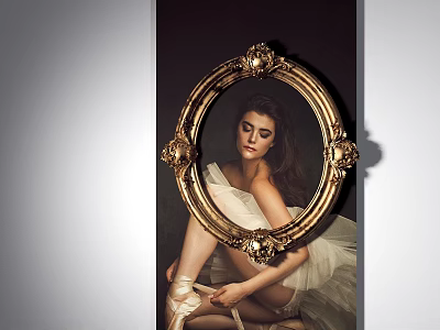 Elegant Ballerina Portrait in Golden Frame Wearing White Tutu Tying Ballet Shoes 3d model
