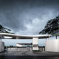 Modern Entrance Gate Design With Curved Roof Trees And White Architectural Structures