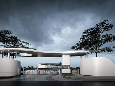 Modern Entrance Gate Design With Curved Roof Trees And White Architectural Structures 3d model