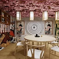 Japanese Style Private Dining Room With Cherry Blossom Ceiling Round Table And White Chairs