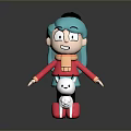 Cartoon Game Character With Teal Hair Black Hat Pink Top Red Scarf And White Dog