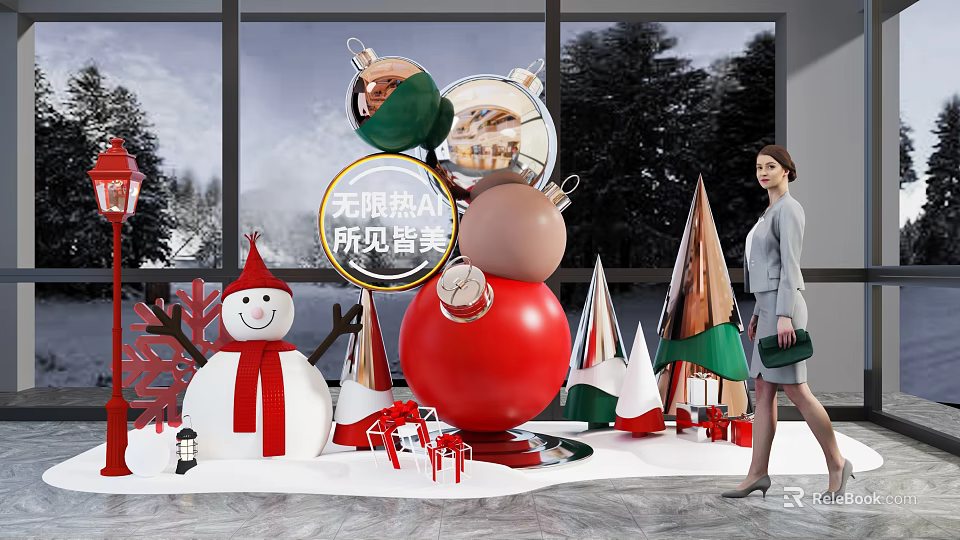 Christmas Themed Photo Check-in Spot With Snowman Ornaments Gifts And Cone Decorations 3d model 