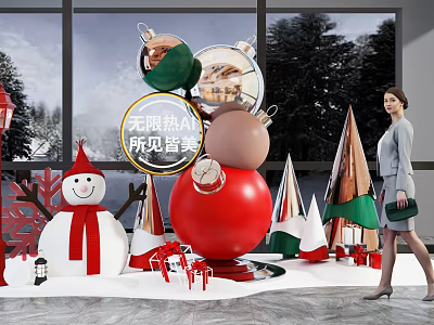 Christmas Themed Photo Check-in Spot With Snowman Ornaments Gifts And Cone Decorations 3d model