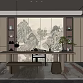 Modern Chinese Style Tea Room With Mountain Painting Tea Table And Green Plants