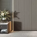 Modern Feature Wall With Wooden Striped Panels Circular Decorative Light Wall Sconces and Vases