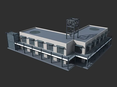 Two Story Building 3D Model With Clock Tower Windows And Balconies 3d model