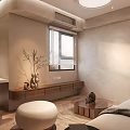 Minimalist Dining Living Room With Wooden Bench Round Coffee Table Decorative Branches And Window Blinds