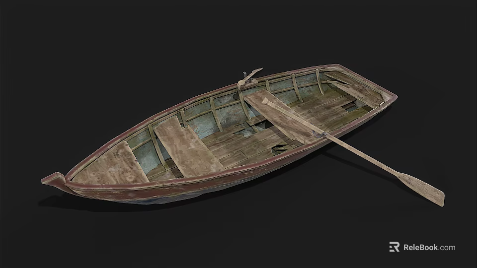 Old Wooden Boat With Worn Wooden Structure And Oar On Black Background 3d model 