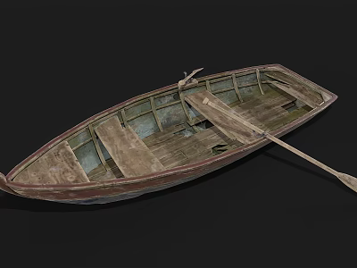 Old Wooden Boat With Worn Wooden Structure And Oar On Black Background 3d model