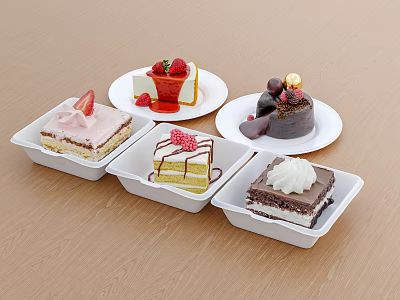 Assorted Delicious Cakes with Strawberry Cream and Chocolate on White Plates and Square Containers 3d model