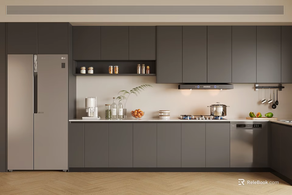 Modern Kitchen Interior Design With Gray Cabinets Refrigerator Countertop And Appliances 3d model 