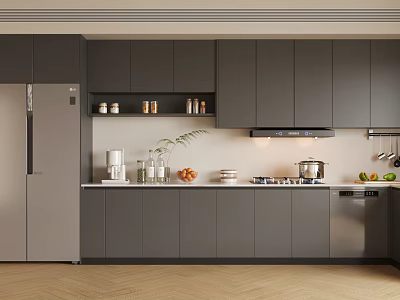 Modern Kitchen Interior Design With Gray Cabinets Refrigerator Countertop And Appliances 3d model