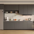 Modern Kitchen Interior Design With Gray Cabinets Refrigerator Countertop And Appliances