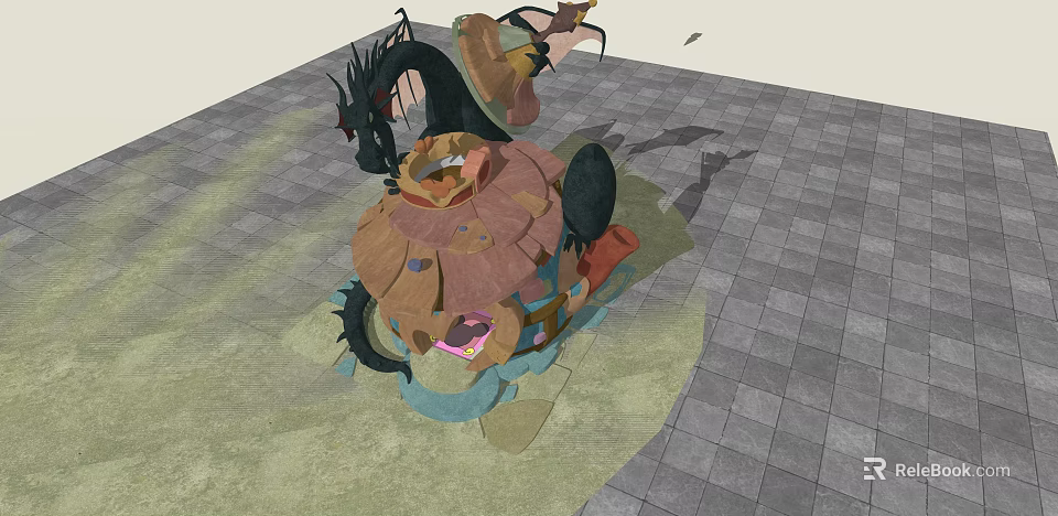 Colorful 3D Model Structure With Black Dragon Element And Grid Floor Background 3d model 