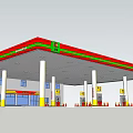 Gas Station With Red Roof White Building Yellow Pillars And Fuel Pumps