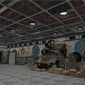 Cartoon Military Base Interior With Armored Vehicle Sandbags Metal Ceiling And Ventilation Fans