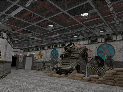 Cartoon Military Base Interior With Armored Vehicle Sandbags Metal Ceiling And Ventilation Fans 3d model