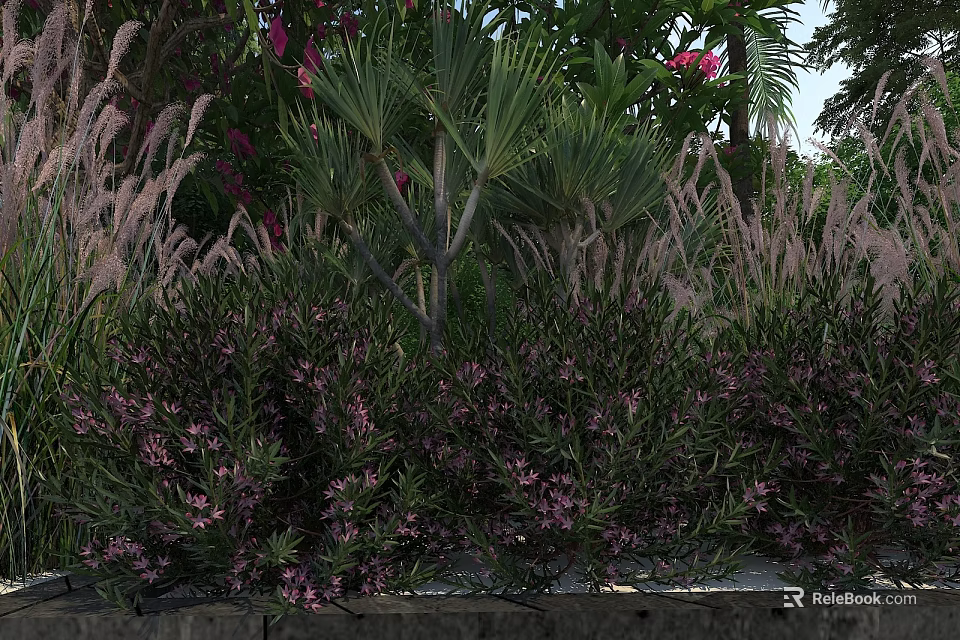 Lush Garden Landscape Design With Purple Flowering Shrubs And Green Foliage 3d model 