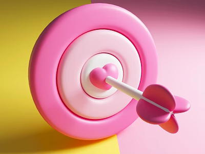 Pink Target with Heart Center and Pink Arrow Hitting Bullseye on Yellow Pink Background 3d model