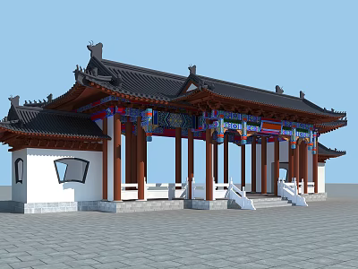 Traditional Chinese Gate With Ornate Eaves Wooden Pillars And Decorative Carvings 3d model