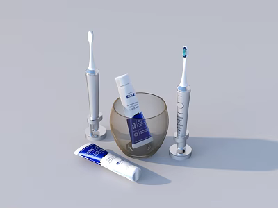 Essential Daily Cleaning Products With Electric Toothbrushes Toothpaste Tube And Glass Cup 3d model