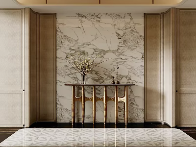 Elegant Foyer Entryway Interior With Marble Wall Gold Console Table And Patterned Rug 3d model