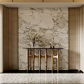 Elegant Foyer Entryway Interior With Marble Wall Gold Console Table And Patterned Rug