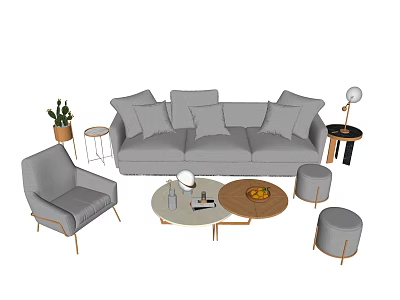 Modern Gray Sofa Coffee Table Set with Round Tables Accent Chair Stools and Floor Lamp 3d model