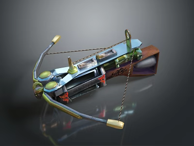 Modern Crossbow Weapon Featuring Metallic Structure Green Accents Mechanical Components and Yellow Strings 3d model