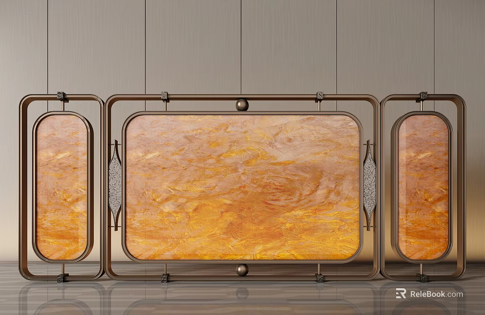 Elegant Modern Screen with Golden Marble Texture and Sleek Metal Frame Design 3d model 