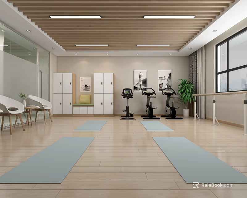 Modern Fitness Studio With Yoga Mats Exercise Bikes And Wooden Flooring 3d model 