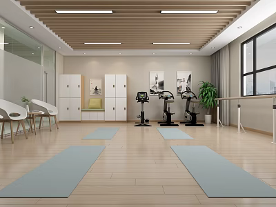 Modern Fitness Studio With Yoga Mats Exercise Bikes And Wooden Flooring 3d model